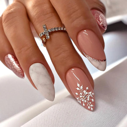 Christmas Theme - Red Glitter Leaf Press-On Nails — 24-Pieces