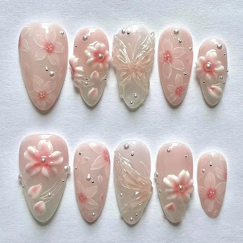 3D Butterfly Flower & Pearl-Almond Press-On Nails – 24-Piece