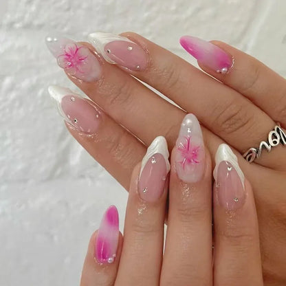 24-Piece Mid-Length Almond Yellow French Press-On Nails – 3D Flower & Pearl