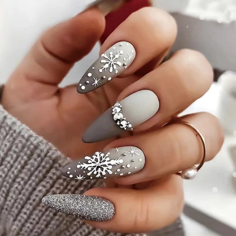 Christmas Theme - Red Glitter Leaf Press-On Nails — 24-Pieces