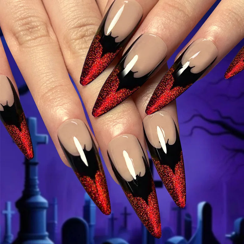 Halloween theme - Long Almond Red Cat’s Eye Press-On Nails – Spider Web Design 24-Piece