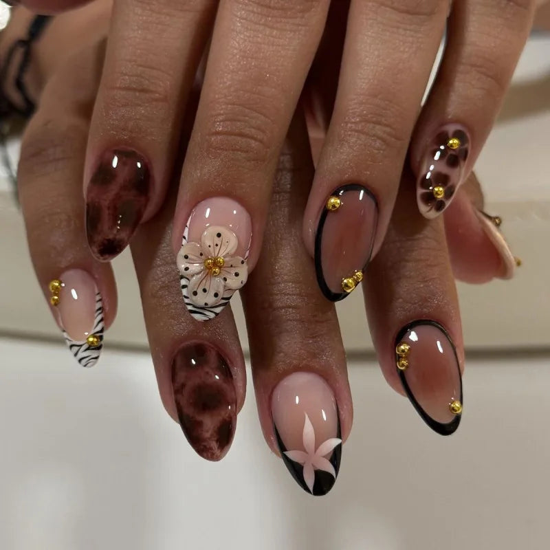 24-Piece Short Almond Pink Smudge Press-On Nails – 3D Flower & Pearl