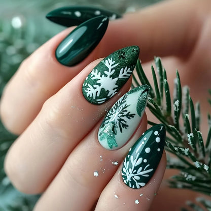 Christmas Theme - Red Glitter Leaf Press-On Nails — 24-Pieces