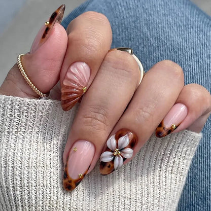 24-Piece Short Almond Pink Smudge Press-On Nails – 3D Flower & Pearl