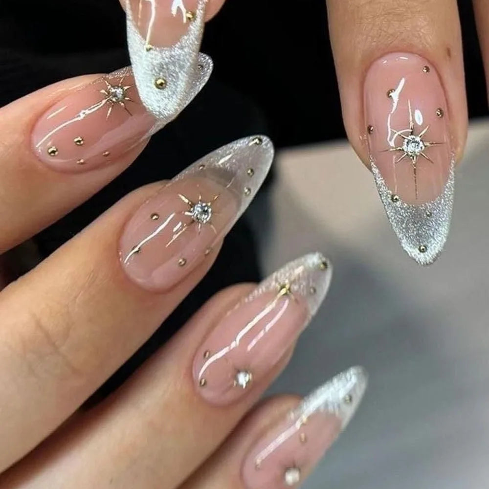 French Almond Press-On Nails-Flower & Star Design-24-Piece