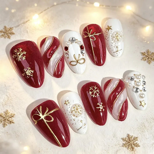 Christmas Theme - Red French Cat-Eye Press-On Nails — 10-Pieces