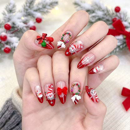 Christmas Theme - Red French Santa Snowman Press-On Nails — 24-Pieces