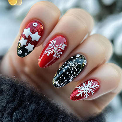 Christmas Theme - White Red Reindeer Bow Press-On Nails — 24-Pieces