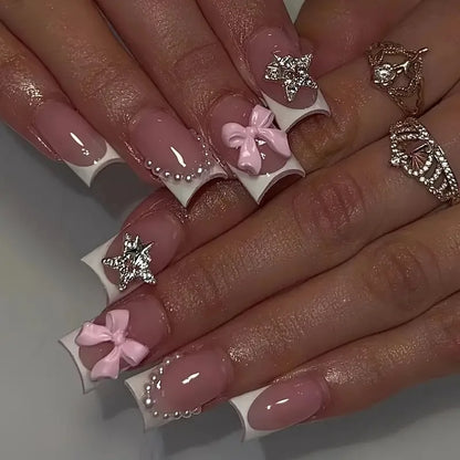 24-Piece Mid-Length Square French Press-On Nails – Leopard Print 3D Flower & Star