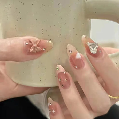 French Almond Press-On Nails-Flower & Star Design-24-Piece