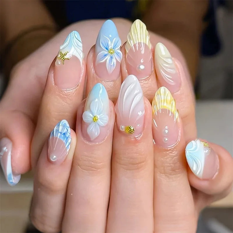 24-Piece Mid-Length Almond Yellow French Press-On Nails – 3D Flower & Pearl