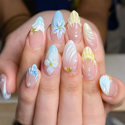 24-Piece Mid-Length Almond Yellow French Press-On Nails – 3D Flower & Pearl