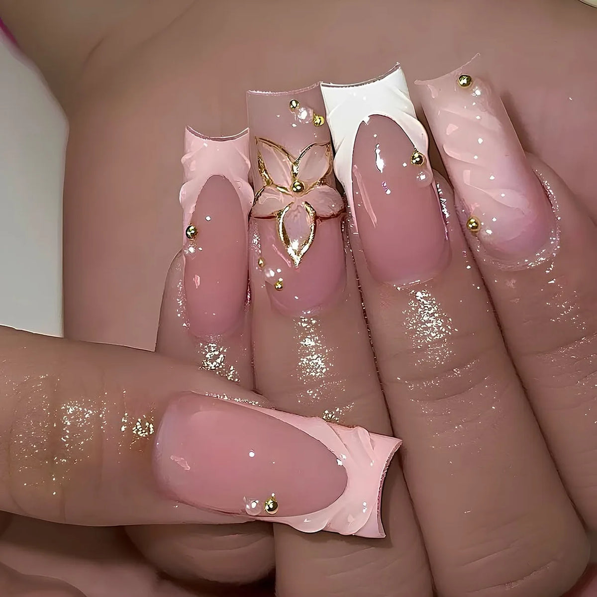 24-Piece Mid-Length Square French Press-On Nails – Leopard Print 3D Flower & Star
