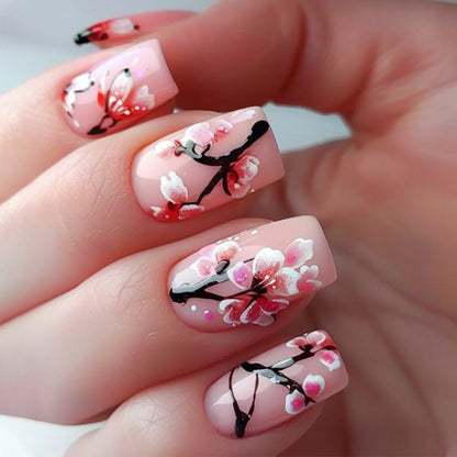 24-Piece Mid-Length Square Peach Blossom Press-On Nails – Shiny Powder & Rhinestone
