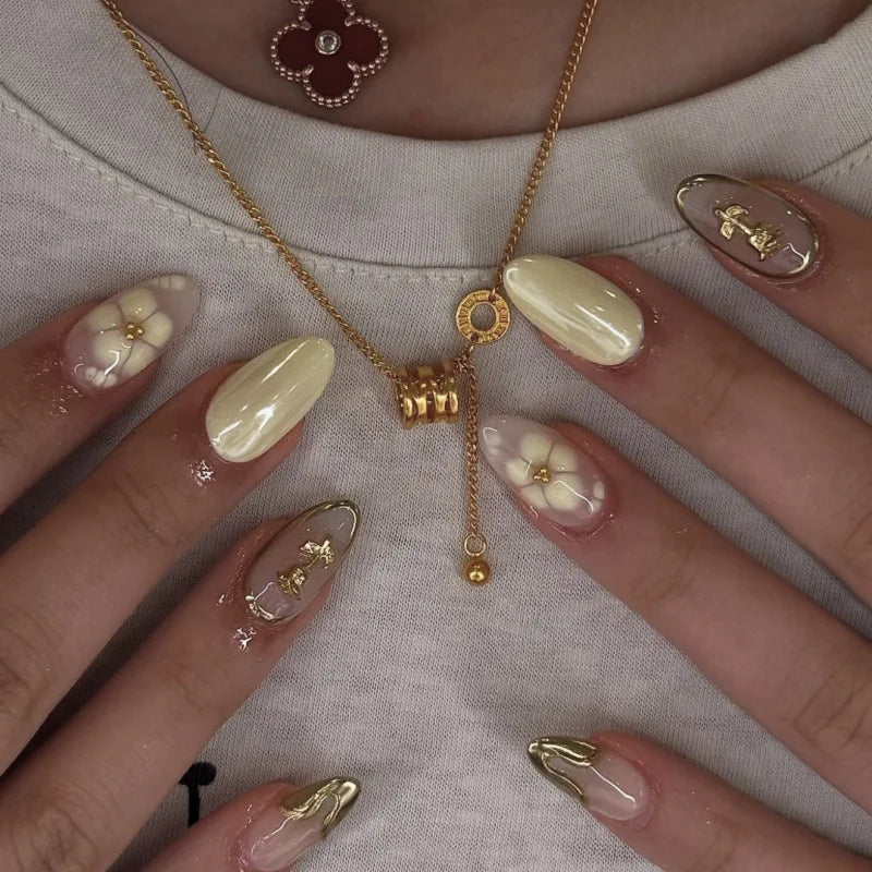 24-Piece Short Almond Pink Smudge Press-On Nails – 3D Flower & Pearl
