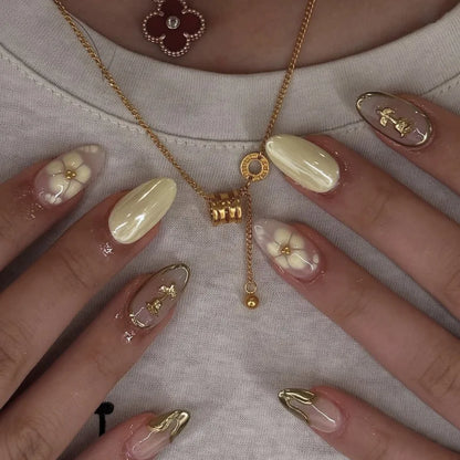 24-Piece Short Almond Pink Smudge Press-On Nails – 3D Flower & Pearl