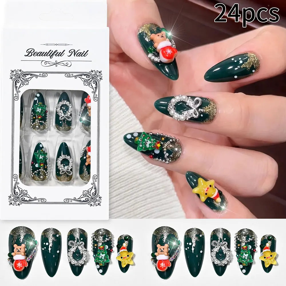 Christmas Theme - Red French Santa Snowman Press-On Nails — 24-Pieces