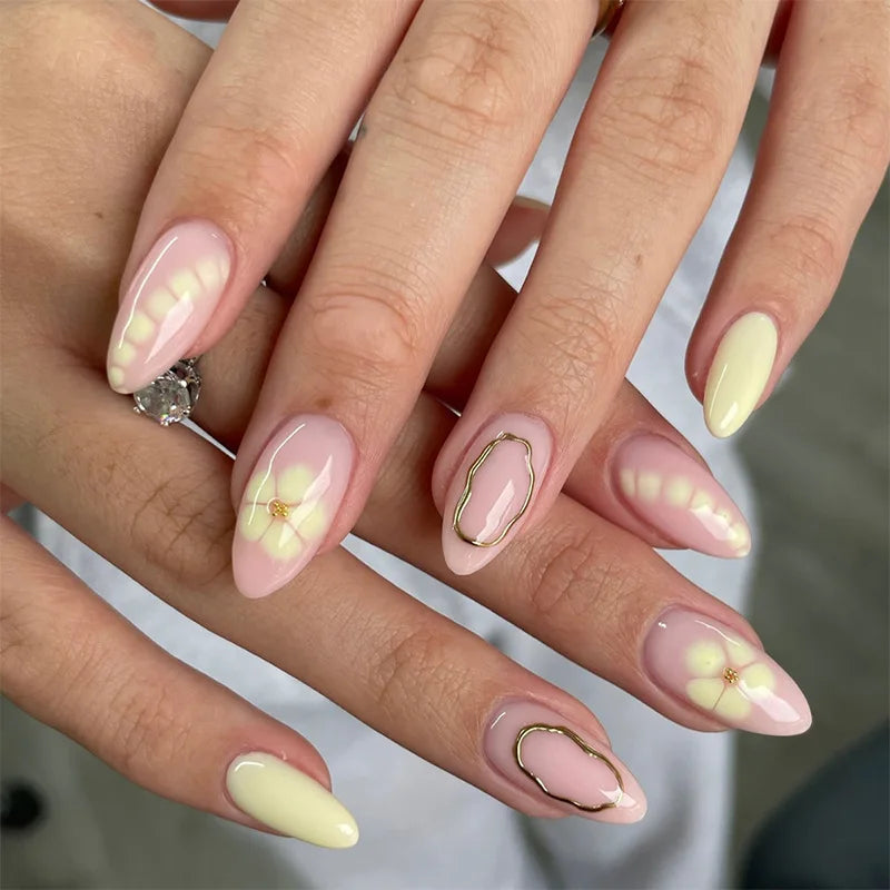 24-Piece Short Almond Pink Smudge Press-On Nails – 3D Flower & Pearl
