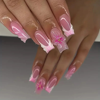 24-Piece Mid-Length Square French Press-On Nails – Leopard Print 3D Flower & Star