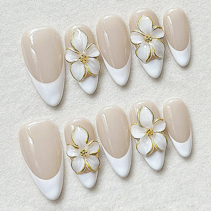 24-Piece Mid-Length Almond Yellow French Press-On Nails – 3D Flower & Pearl