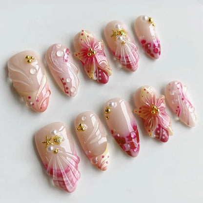 24-Piece Mid-Length Almond Yellow French Press-On Nails – 3D Flower & Pearl