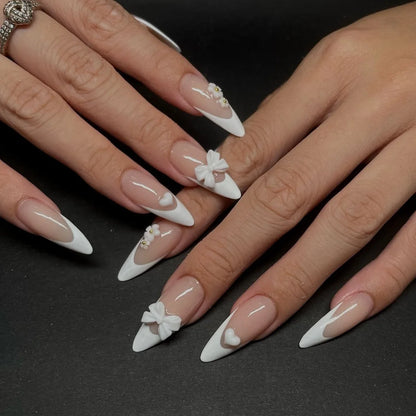 French Almond Press-On Nails-Flower & Star Design-24-Piece