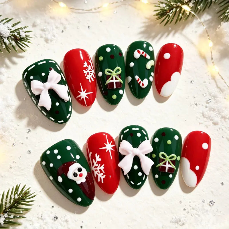 Christmas Theme - Red French Cat-Eye Press-On Nails — 10-Pieces