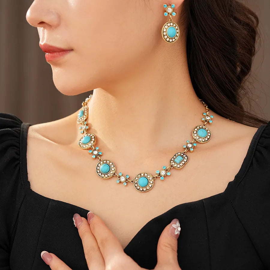 Round Stone Rhinestone Necklace & Earrings