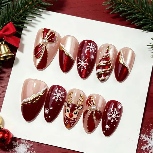 Christmas Theme - Wine Red Gilded Christmas Tree Cat Eye Press-On Nails — 10-Pieces