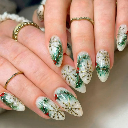 Christmas Theme - Red Glitter Leaf Press-On Nails — 24-Pieces