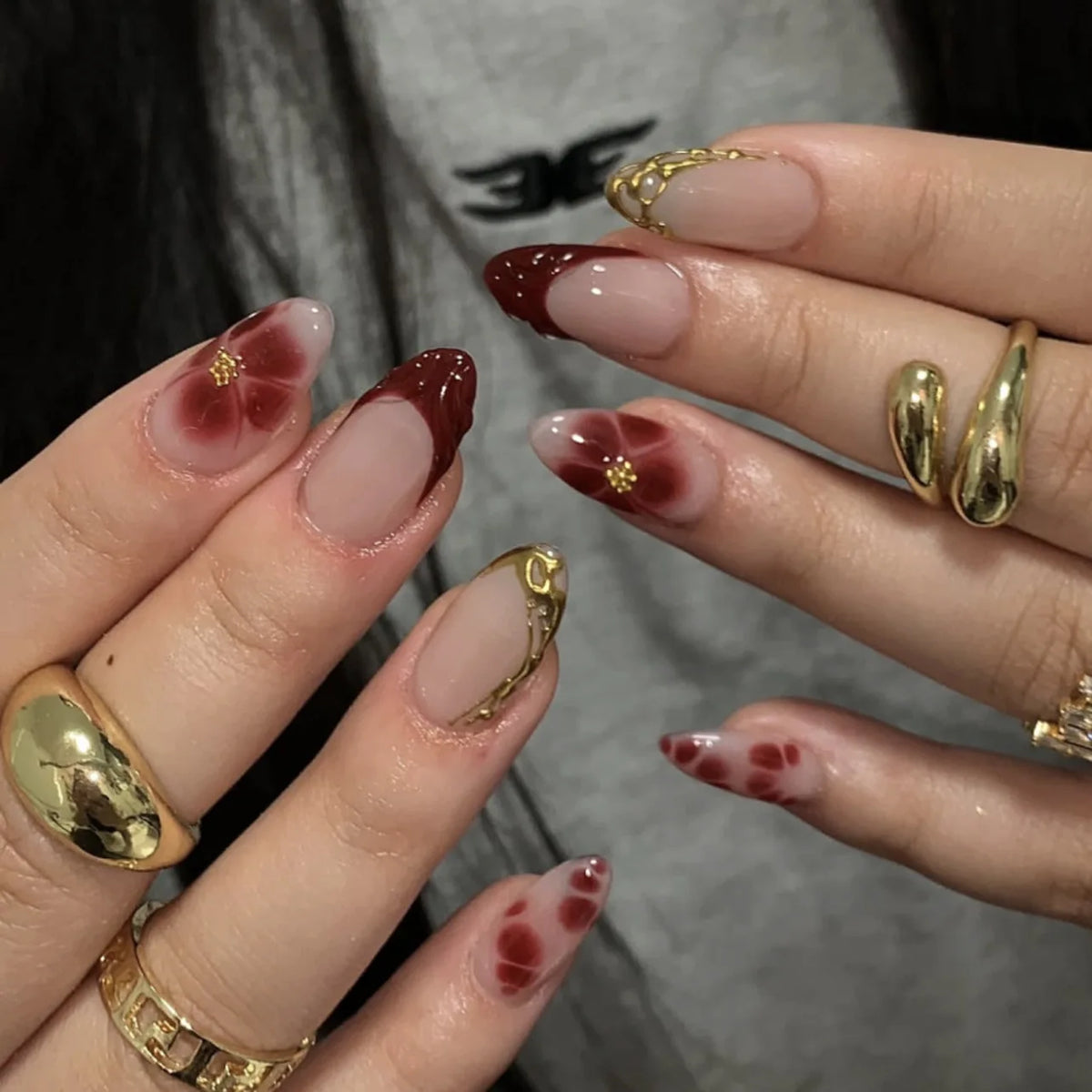 24-Piece Short Almond Pink Smudge Press-On Nails – 3D Flower & Pearl