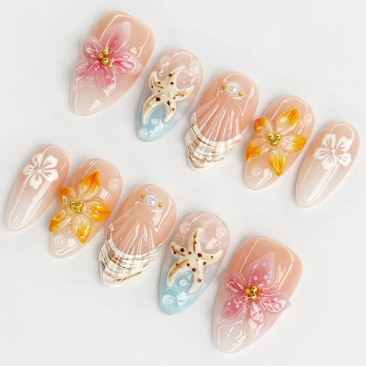 24-Piece Mid-Length Almond Yellow French Press-On Nails – 3D Flower & Pearl