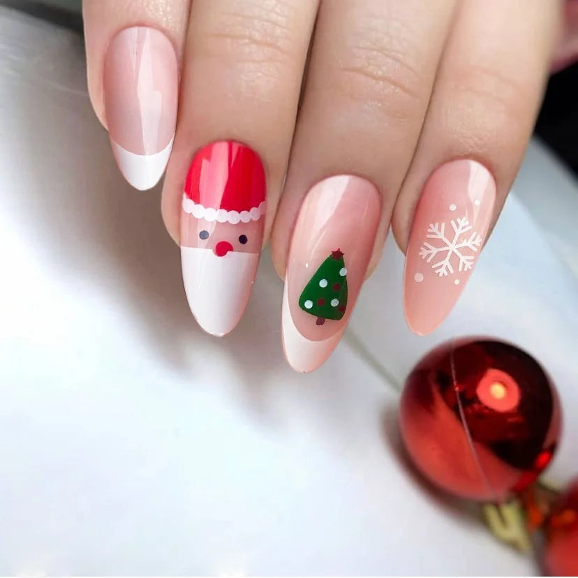 Christmas Theme - Red Glitter Leaf Press-On Nails — 24-Pieces