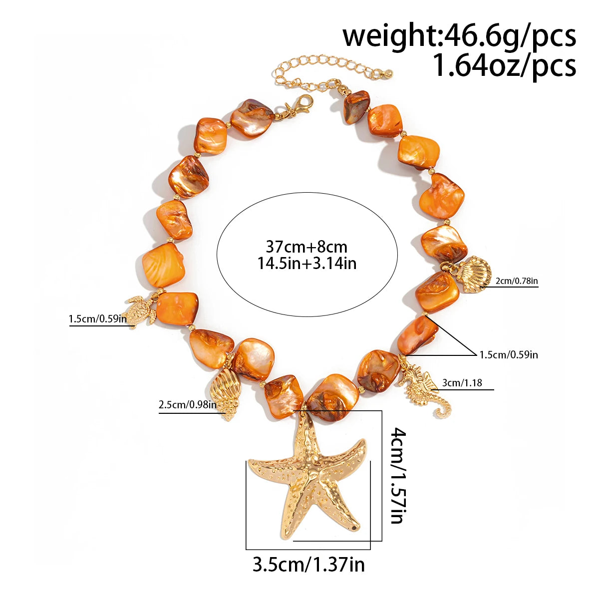 Necklace with starfish pendant and measurements on a white background