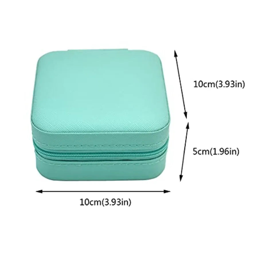 Teal jewelry box with dimensions indicated on a white background