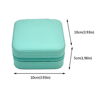 Teal jewelry box with dimensions indicated on a white background