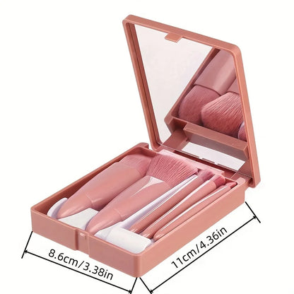 Makeup brush set with a compact case on a white background