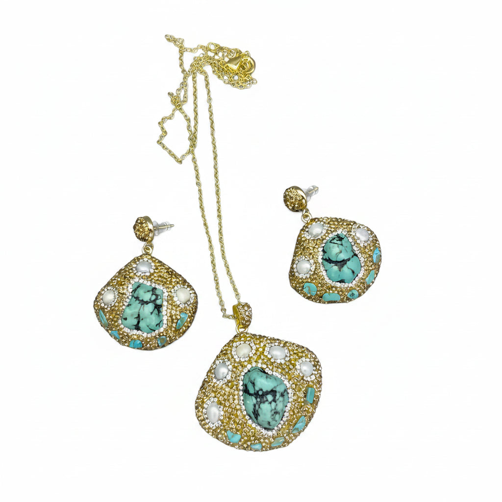 Jewelry set with gold necklace and earrings featuring turquoise stones on a gray background
