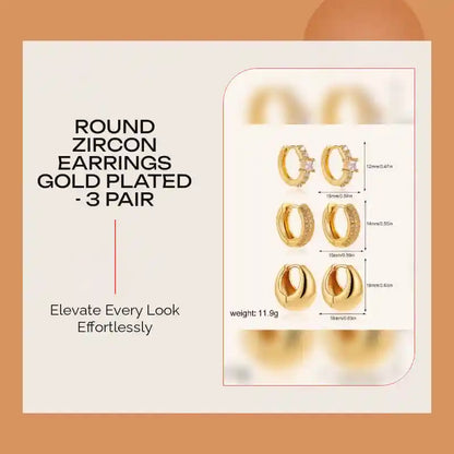 Round Zircon Earrings Gold Plated - 3 pair by@Outfy